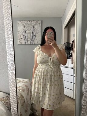 White Yellow Floral Tie-Front Mini Dress Smocked Waist Flutter Sleeves L Large